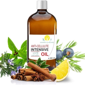 aceites anticelulitico rodeado de flores y ingredientes de la composicion del aceite