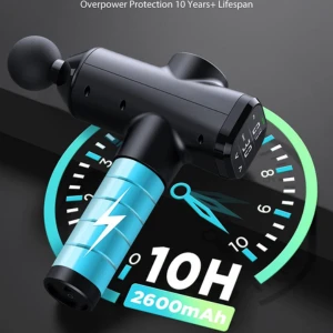 PISTOLA DE MASAJE ABOX HERO 1  sobre un reloj mostrando las horas de duración de las bateria 