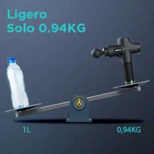 PISTOLA DE MASAJE  ABOX MG-008 en una balanza mostrando fisicamente el peso que tiene en comparación a una botella de aghua