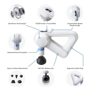 IMAGEN CON FLECHAS INDICANDO TODAS LAS PARTES DE LA PISTOLA DE MASAJES THERAGUN ELITE