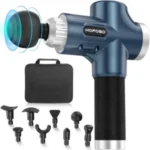 pistola masaje hoposo color azul y gris con sus cabezales de masaje y sus maletin para guardar y transportar pistola