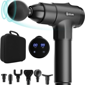 pistola de masajes aerlang color negro y sus cabezales