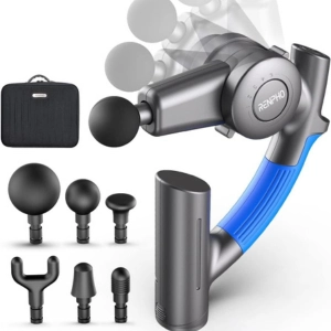 PISTOLA DE MASAJES RENPHO COLOR NEGRA AZUL Y GRIS, CON BRAZO MOVIL